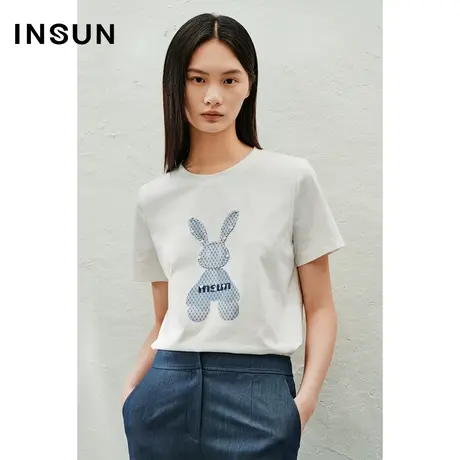 INSUN恩裳线上专选夏季精梳棉兔子印花钉珠T恤商品大图