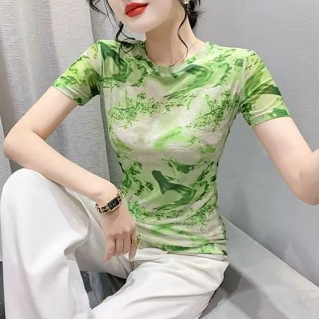 拼色印花短袖T恤女ins潮时尚洋气圆领网纱上衣别致减龄漂亮小衫夏商品大图