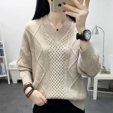 女秋冬2021年新款v领菱形麻花女士毛衣宽松内搭针织打底衫洋气潮商品大图