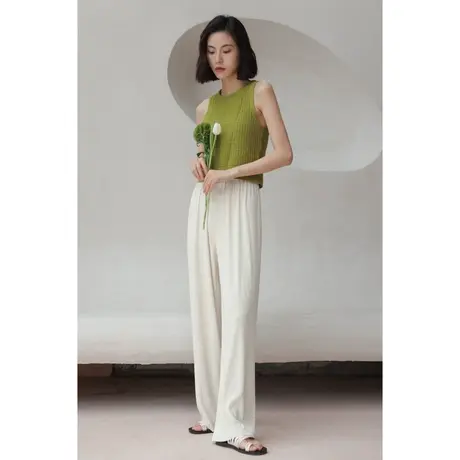 弥古杏色冰丝阔腿裤女三宅褶皱长裤夏季薄款裤子垂感拖地裤休闲裤商品大图