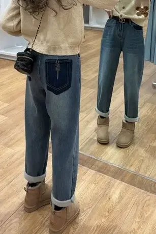 复古港风加绒牛仔裤女2023秋冬新款小个子宽松显瘦百搭加厚老爹裤商品大图