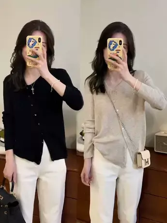 韩版设计感斜扣不对称针织衫女2023秋慵懒风显瘦减龄百搭长袖上衣商品大图