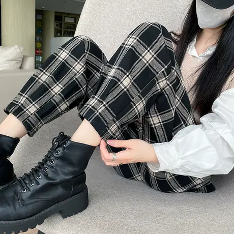 黑白格子毛呢休闲裤女秋冬季宽松高腰宽松小个子哈伦呢子裤萝卜裤商品大图
