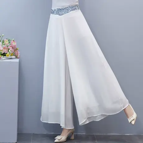 夏季新款中国风刺绣花阔腿裤大码宽松时尚裤裙垂坠感双层雪纺飘逸商品大图