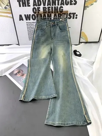 侧边竖条复古牛仔喇叭裤2023秋季新款显瘦百搭高腰微喇长裤马蹄裤商品大图