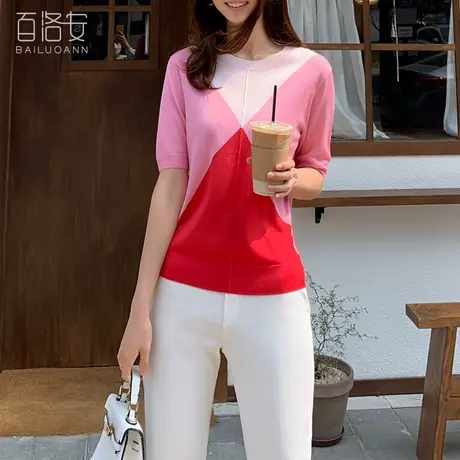 百洛安短袖圆领针织衫女夏季新款韩版气质百搭套头衫撞色薄款上衣商品大图