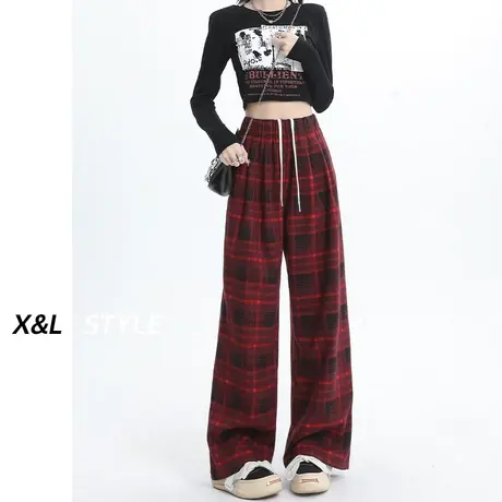 红色格子高腰加绒阔腿裤女2023秋冬季新款直筒休闲裤显瘦拖地裤子图片