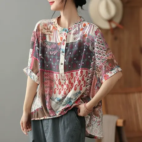 dza 复古印花长袖衬衫女士2023夏季薄款短袖衬衣宽松显瘦套头上衣商品大图