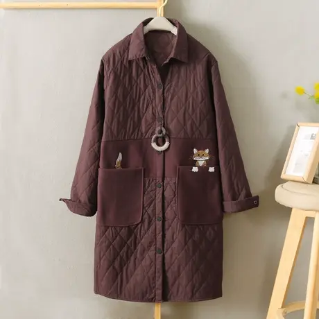 衬衫女长袖宽松韩版百搭夹棉衬衣中长款翻领刺绣打底衫纯色外套潮商品大图