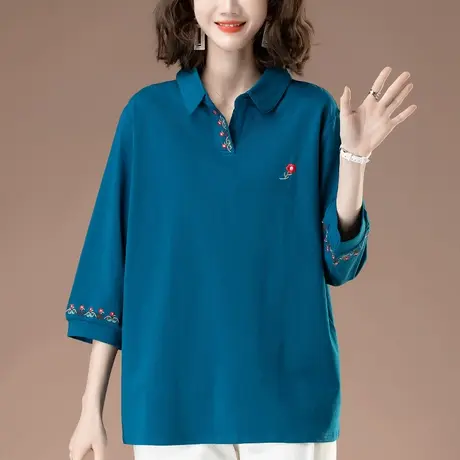 七分袖T恤女夏季新款加大码女装宽松中老年妈妈纯棉翻领显瘦上衣商品大图