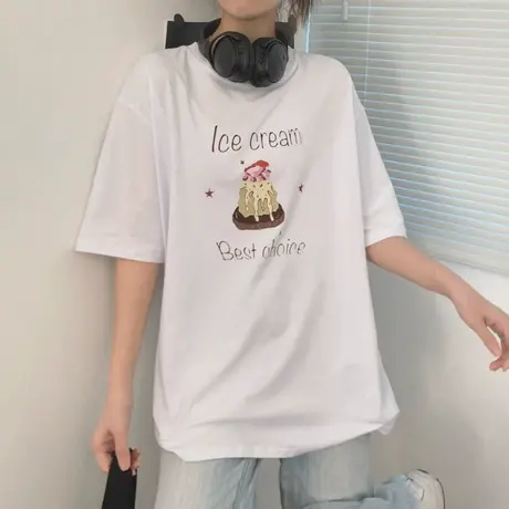 纯棉短袖t恤女夏季大码半袖ins设计感小众宽松韩版bf慵懒风上衣服商品大图