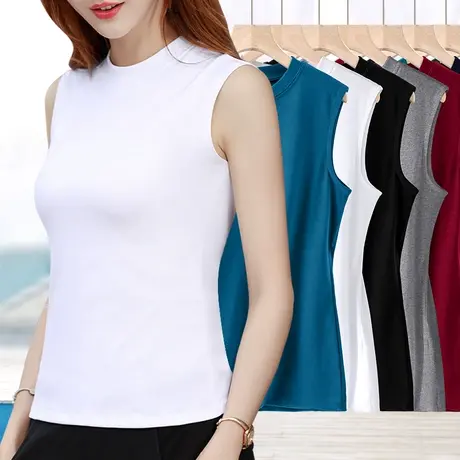 小中圆立半高领内搭打底衫螺纹棉质宽坎肩无袖t恤背心女夏季外穿图片