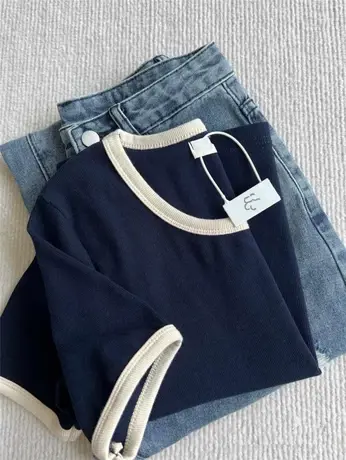 正肩短袖t恤女2022夏季新款设计感小众修身显瘦别致独特短款上衣商品大图