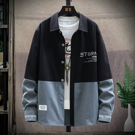 春秋款日系港风男款撞色翻领外套秋季潮牌排扣上衣服秋天男装衬衫图片