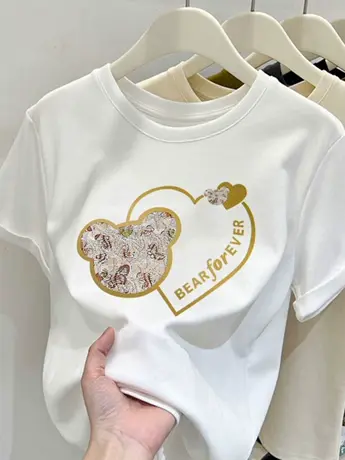 白色仿棉短袖t恤女2023新款夏季小众设计感港味chic正肩宽松上衣商品大图