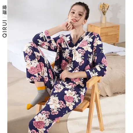 绮瑞2022年女士莫代尔家居服春秋女款睡衣长袖中国风秋天大码套装商品大图