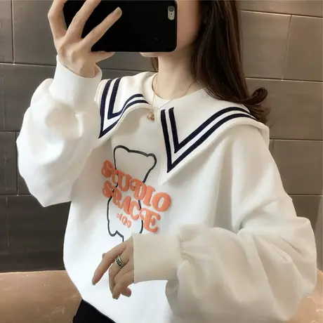 娃娃领卫衣女春秋季韩版宽松bf慵懒风ins薄款海军风上衣服外套潮图片