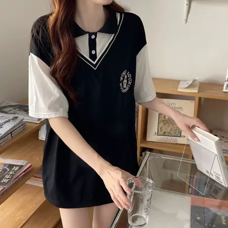 假两件Polo衫短袖T恤女夏季宽松ins潮学生百搭学院风中长款上衣服商品大图