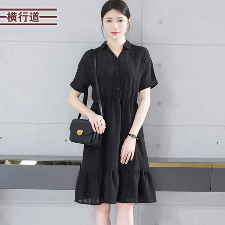 翻领宽松中长款短袖雪纺连衣裙2024新夏装纯色显瘦收腰洋气女裙子图片