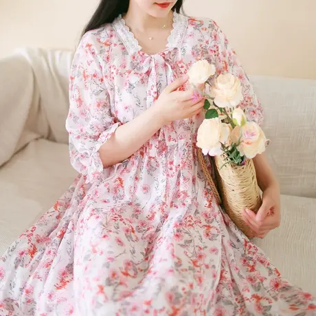 夏新品雪纺印花两件套连衣裙大码花边领显瘦长裙图片
