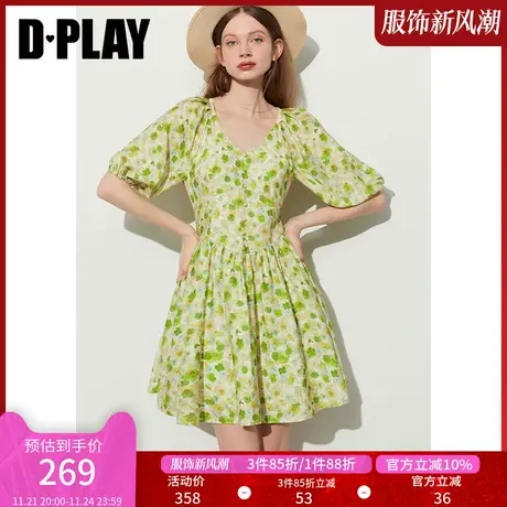 DPLAY夏威夷假日绿野仙踪V领泡泡袖收腰短款印花连衣裙野餐裙图片