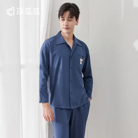 顶瓜瓜2022新款男士睡衣春秋纯棉小翻领宽松家居服可拆卸装饰标商品大图