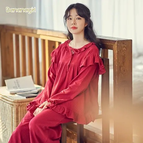 Bananagirl睡衣女两件套薄款春秋纯棉韩版可外穿本命年红色结婚新商品大图