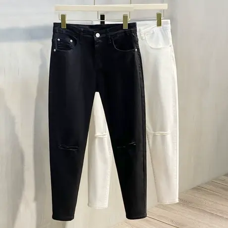 牛仔裤男2023春秋潮牌破洞修身韩版潮流黑白色男士休闲九分裤图片