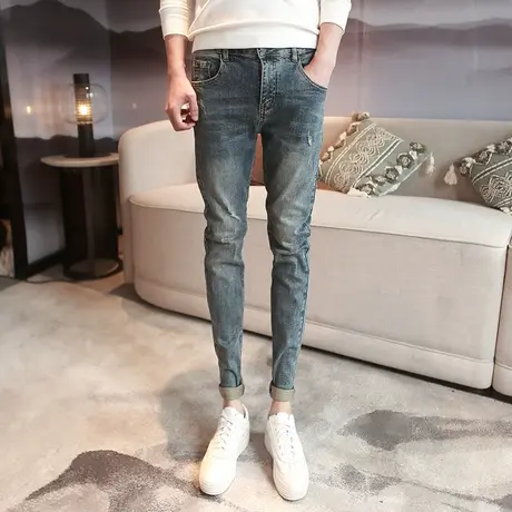 时尚百搭修身小脚牛仔裤男潮流青年做旧猫须秋冬新款铅笔裤2023图片