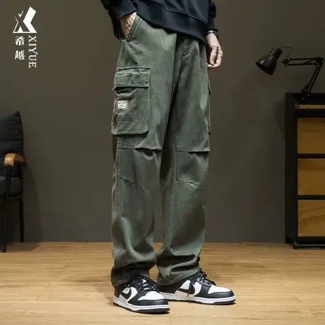 希越纯棉美式工装直筒裤男士秋冬季宽松大码休闲百搭长裤子军绿色商品大图