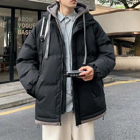 冬季情侣羽绒服假两件韩版ins学生连帽宽松加厚面包服男棉服外套商品大图