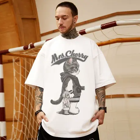 白色重磅潮牌宽松T恤美式短袖五分半袖纯棉国潮港风大码男装夏季图片