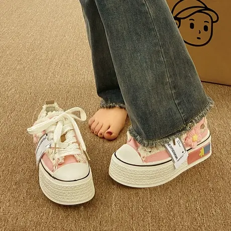 小香风厚底帆布鞋女2023年夏季松糕百搭增高小众设计感小白鞋板鞋商品大图