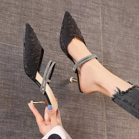 尖头两穿高跟鞋女细跟2024年夏季新款时尚法式少女性感外穿凉拖鞋商品大图