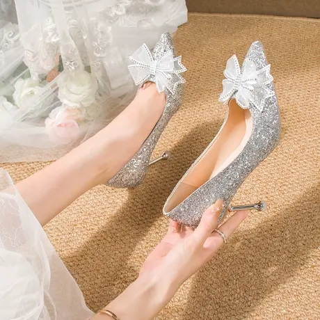 婚鞋女2023新款主婚纱新娘鞋秀禾礼服伴娘高跟鞋亮片水晶细跟单鞋商品大图