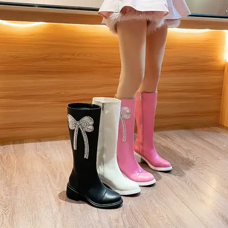 百翎2022秋冬新款长靴女高筒靴长筒靴蝴蝶结粉色仙女风小码女鞋子图片