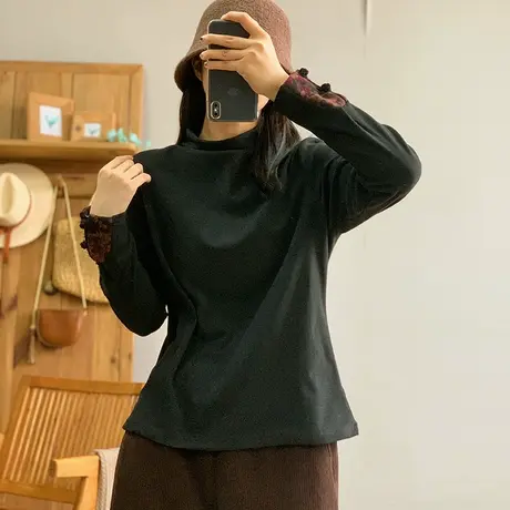 dza 复古盘扣双面绒打底衫女秋冬洋气内搭拼接上衣宽松休闲T恤衫商品大图