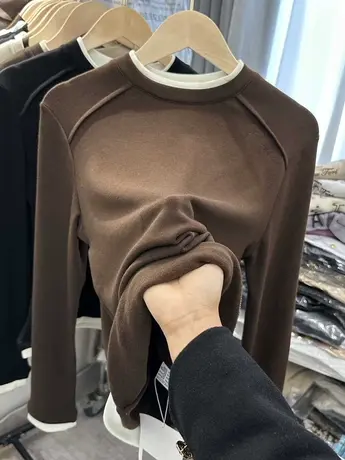 设计感刺绣秋冬加绒加厚小圆领宽松T恤女长袖内搭打底衫大码胖M商品大图