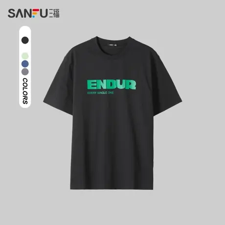 三福2024夏季男士英文印花多彩短T恤 休闲宽松圆领上衣男481043商品大图