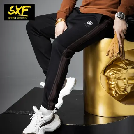 SXF圣希梵加绒裤子男 加厚2023冬季束脚长裤卫裤潮刺绣男士休闲裤商品大图