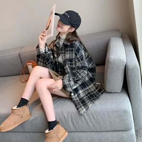 othermix 磨毛加厚衬衫女2023秋冬新款宽松慵懒风衬衣格子短外套图片