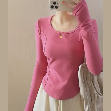 方领正肩德绒打底衫女秋冬季保暖修身显瘦长袖T恤韩版洋气上衣潮图片