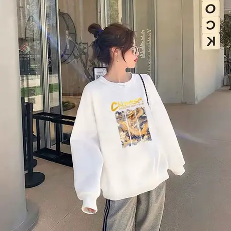 圆领加绒卫衣女秋冬2024新款落肩黑色休闲时尚洋气棉质上衣外搭衫商品大图