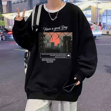 美式卫衣男春秋款2024新款圆领内搭打底衫设计感小众潮牌宽松上衣商品大图