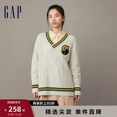 【断码优惠】Gap女装早春LOGO学院风V领针织衫羊毛混纺毛衣836248图片
