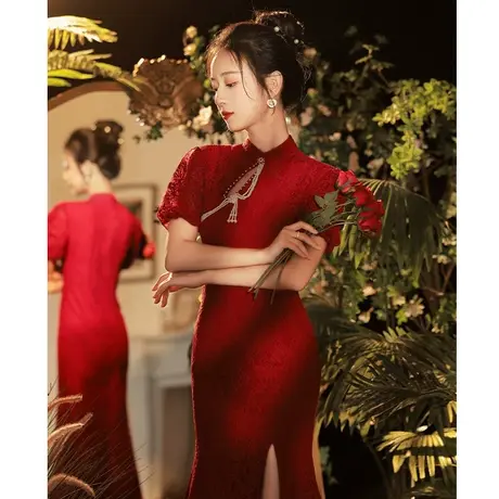 改良旗袍敬酒服新娘2023年新款女夏季红色高级中式订婚礼服连衣裙图片