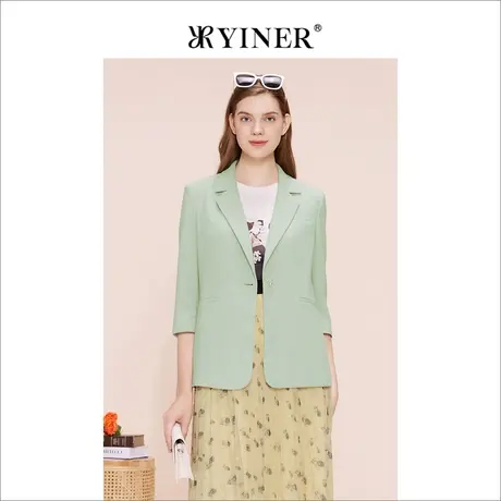 YINER音儿专选女装夏季单排扣七分袖浅绿色西装外套图片