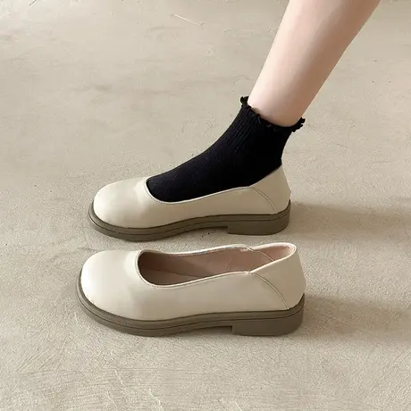 单鞋女平底2024年新款春秋百搭复古方头奶奶鞋一脚蹬浅口豆豆鞋子商品大图