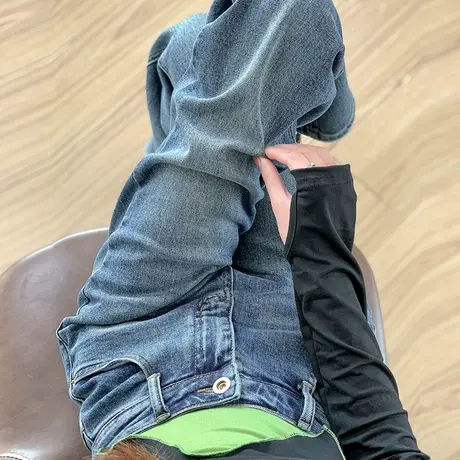 高腰阔腿牛仔裤女春秋2024新款垂感宽松显瘦设计感蓝色窄版直筒裤商品大图