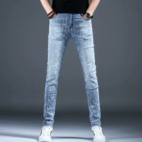 2024新款欧洲站春秋款高端牛仔裤子男款时尚浅色修身小脚潮男裤子商品大图